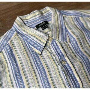 J CREW Mens 100% Linen Short Sleeve‎ Yellow Blue Striped Button Up Shirt Large
